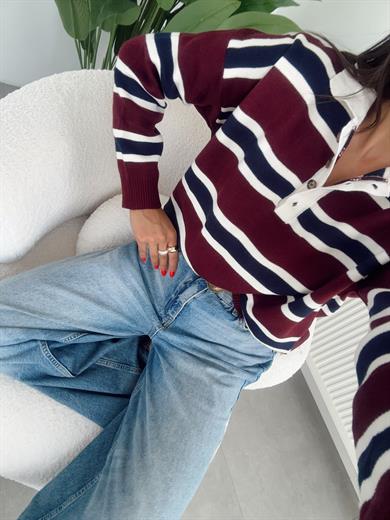 Bordo Patlı Polo Yaka Kazak