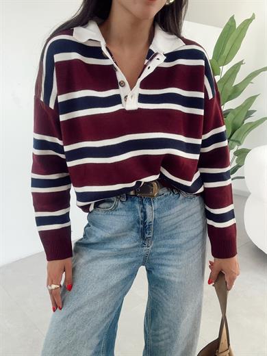 Bordo Patlı Polo Yaka Kazak