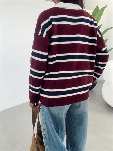 Bordo Patlı Polo Yaka Kazak