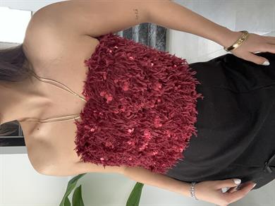 Bordo Pullu Kırçıllı Straplez Top