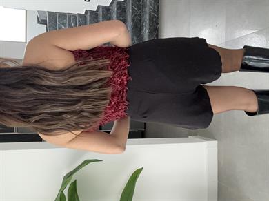 Bordo Pullu Kırçıllı Straplez Top