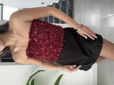 Bordo Pullu Kırçıllı Straplez Top