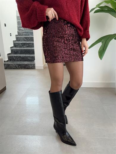 Bordo Pullu Payet Etek