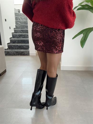 Bordo Pullu Payet Etek