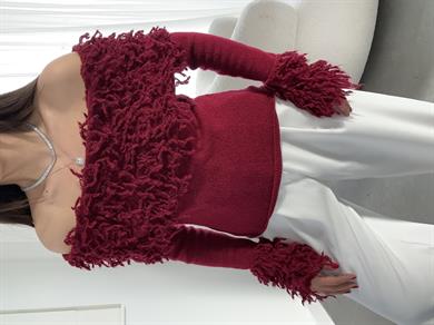 Bordo Püsküllü Madonna Yaka Triko Kazak