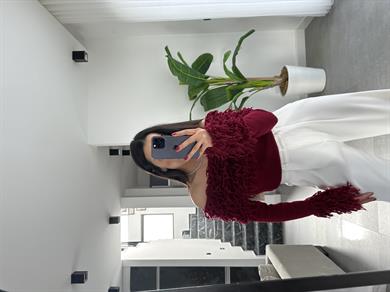 Bordo Püsküllü Madonna Yaka Triko Kazak