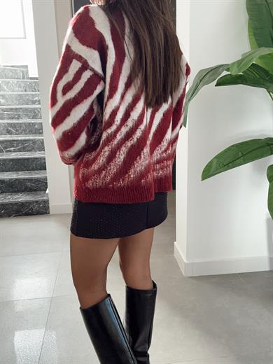 Bordo-Taş Zebra Desen Triko Kazak