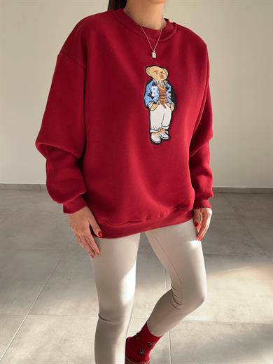 Bordo Tedy Nakışlı Sweat