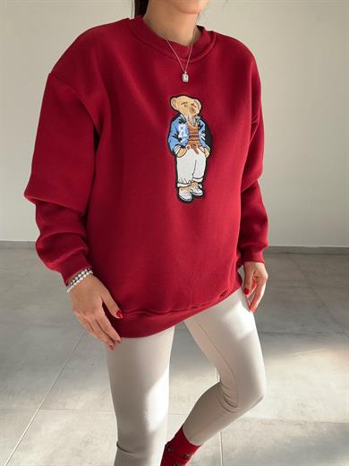 Bordo Tedy Nakışlı Sweat