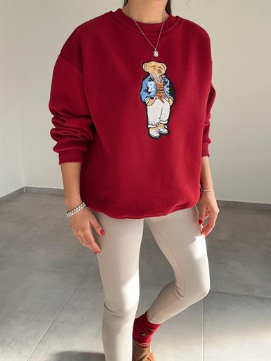 Bordo Tedy Nakışlı Sweat
