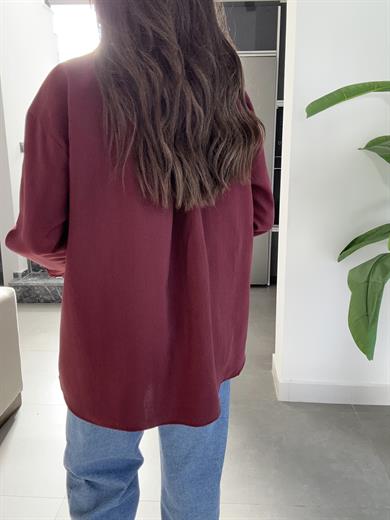 Bordo Tek Cep Oversize Gömlek