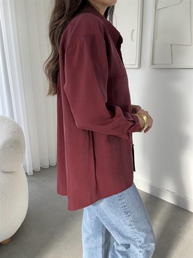 Bordo Tek Cep Oversize Gömlek