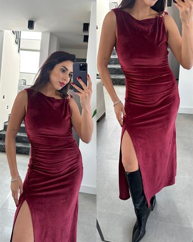 Bordo Toka Detaylı Yırtmaçlı Kadife Elbise
