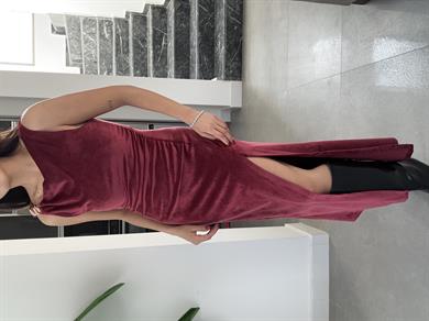 Bordo Toka Detaylı Yırtmaçlı Kadife Elbise