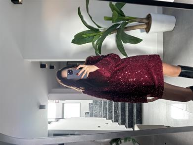 Bordo Uzun Kollu Payet Elbise