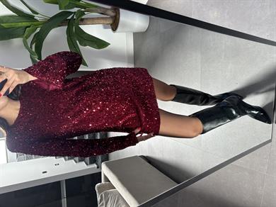 Bordo Uzun Kollu Payet Elbise