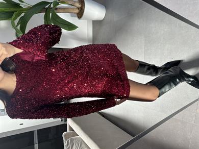 Bordo Uzun Kollu Payet Elbise