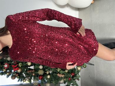 Bordo Uzun Kollu Payet Elbise