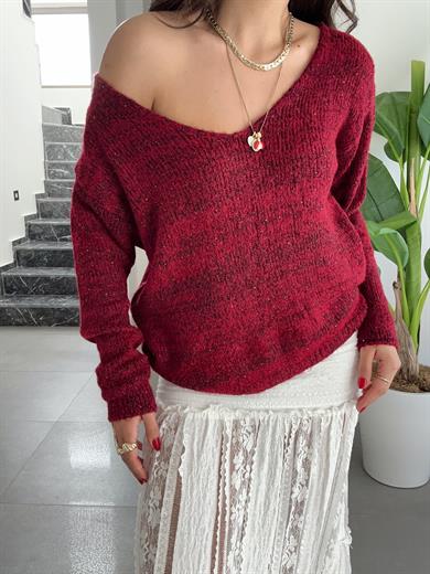 Bordo V Yaka Uzun Kollu Kazak