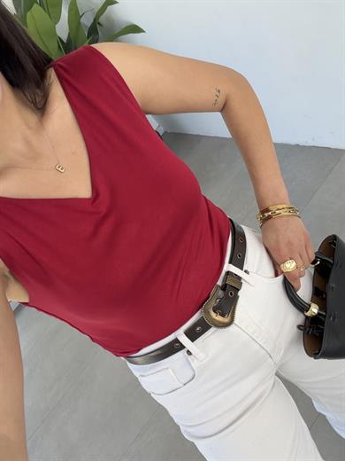 Bordo Viskon Ön Arka V Yaka Bluz