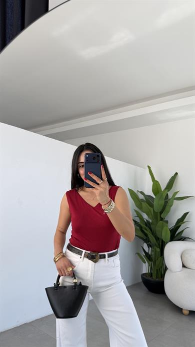 Bordo Viskon Ön Arka V Yaka Bluz