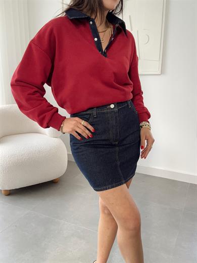 Bordo Yakası Kot Detaylı Sweat