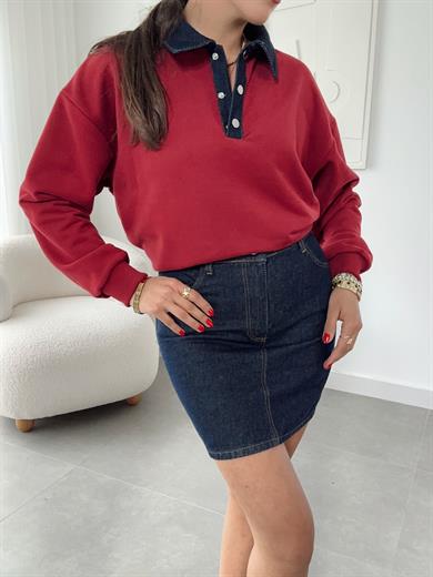 Bordo Yakası Kot Detaylı Sweat