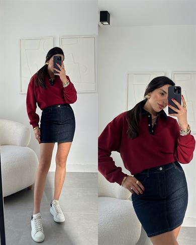 Bordo Yakası Kot Detaylı Sweat