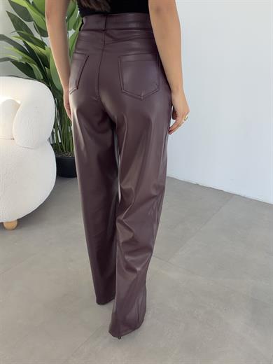 Bordo Yüksek Bel Deri Palazzo Pantolon
