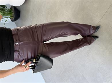 Bordo Yüksek Bel Deri Palazzo Pantolon