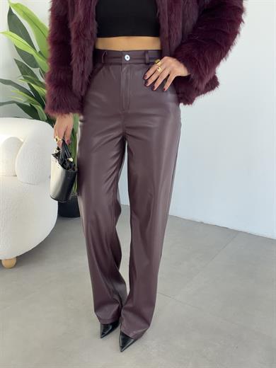 Bordo Yüksek Bel Deri Palazzo Pantolon