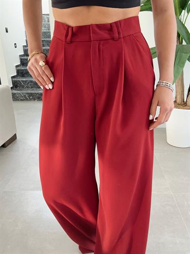 Bordo Yüksek Bel Premium Pileli Palazzo Pantolon