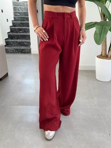 Bordo Yüksek Bel Premium Pileli Palazzo Pantolon