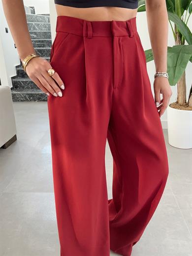 Bordo Yüksek Bel Premium Pileli Palazzo Pantolon