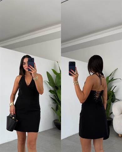 Boyundan Bağlamalı Sırt Detaylı Likralı Elbise
