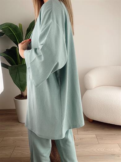 Çağla Yeşili Bürümcük Kimono Takım