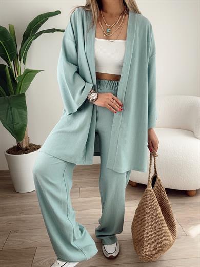 Çağla Yeşili Bürümcük Kimono Takım