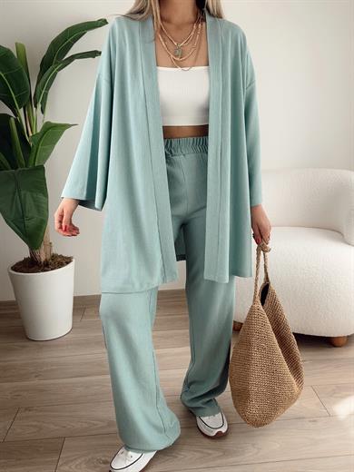 Çağla Yeşili Bürümcük Kimono Takım