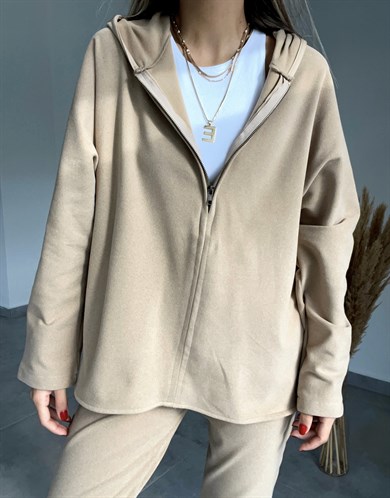 Camel Fermuar Detaylı Polar Sweatshirt
