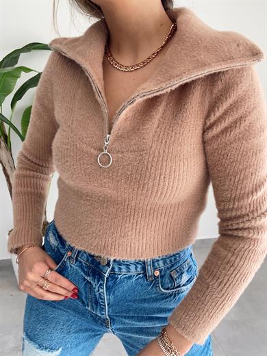 Camel  Fermuarlı Ftilli Triko