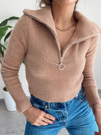 Camel  Fermuarlı Ftilli Triko