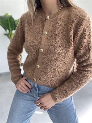 Camel  Gold Düğmeli Peluş Hırka