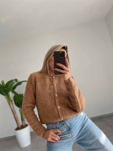 Camel  Gold Düğmeli Peluş Hırka
