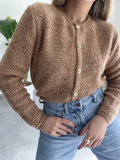 Camel  Gold Düğmeli Peluş Hırka
