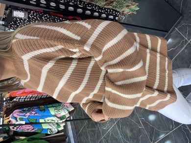 Camel-Krem Çizgili Triko