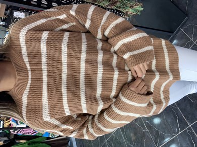 Camel-Krem Çizgili Triko