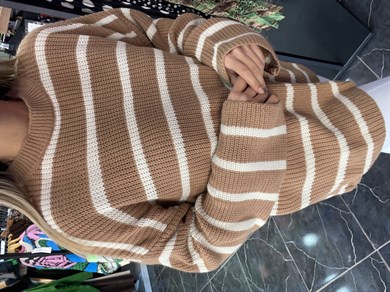 Camel-Krem Çizgili Triko