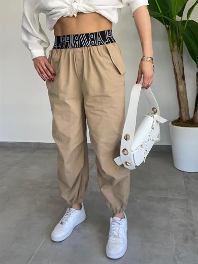 Camel Lastik Kemerli Dizi Pensli Tasarım Jogger Pantolon