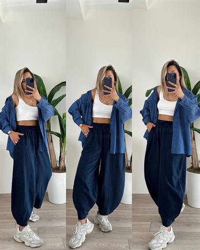 Cep Detaylı İndigo Oversize Gömlek