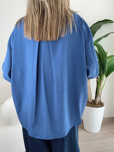 Cep Detaylı İndigo Oversize Gömlek